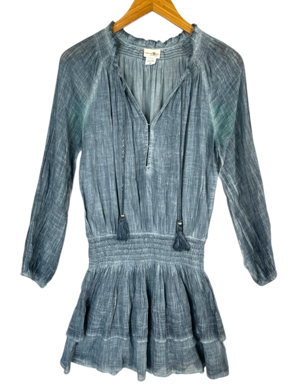 Natural Life blue tie dye smocked long sleeve peasant tunic tiered mini dress S - Picture 6 of 6
